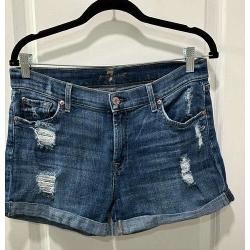 7 For All Mankind Cuffed Distressed Denim Shorts Womens Size 27 Stretch Med Wash